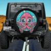 Kawaii octopus sipping boba tea with bubbles anime style on spare tire cover, no camera hole