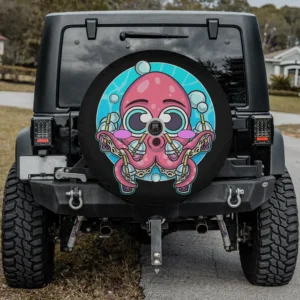 Kawaii octopus with boba tea and bubbles anime design spare tire cover, with camera hole
