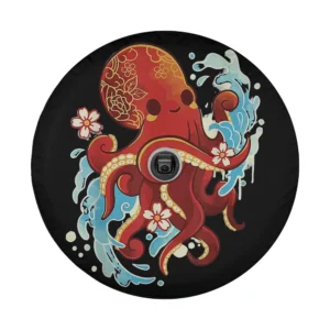Cute kraken art with flowers and water splash on octopus spare tire cover