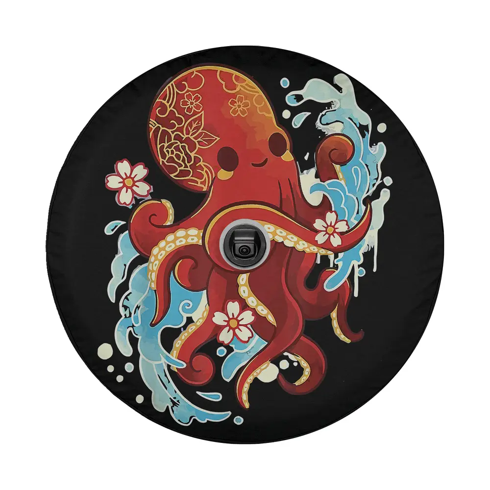 Cute kraken art with flowers and water splash on octopus spare tire cover