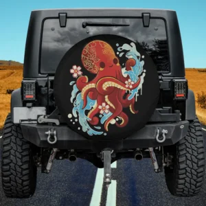 Kawaii octopus holding flowers with water splash cute kraken art spare tire cover for Jeep and SUV