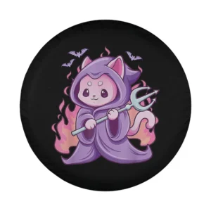 Kawaii reaper cat in purple robe with flames and bats cartoon Halloween design