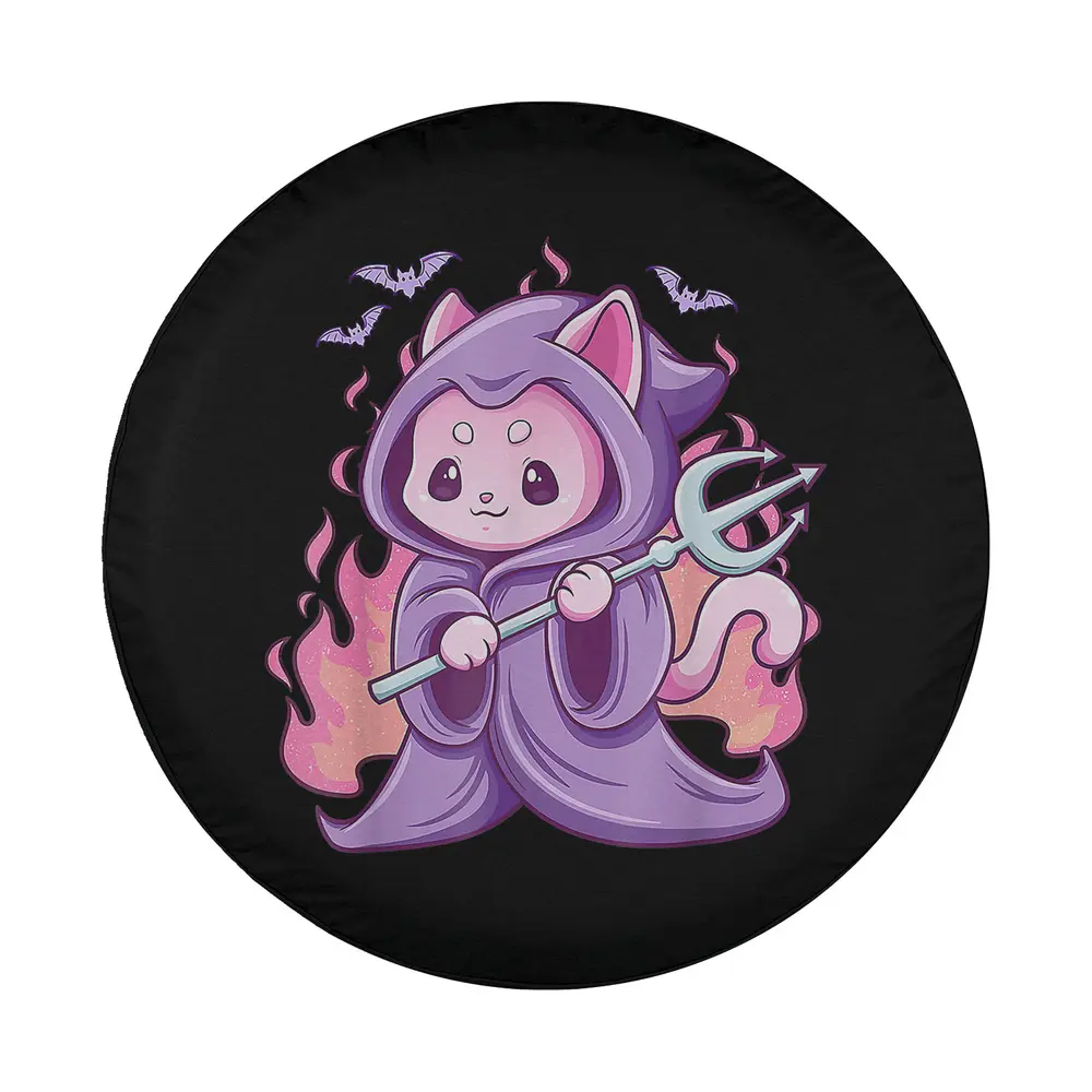 Kawaii reaper cat in purple robe with flames and bats cartoon Halloween design