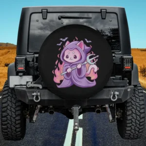Kawaii reaper cat with purple flames and bats Halloween spare tire cover no camera hole