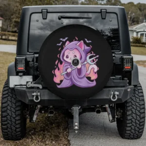 Kawaii reaper cat purple flames Halloween spare tire cover with backup camera hole option