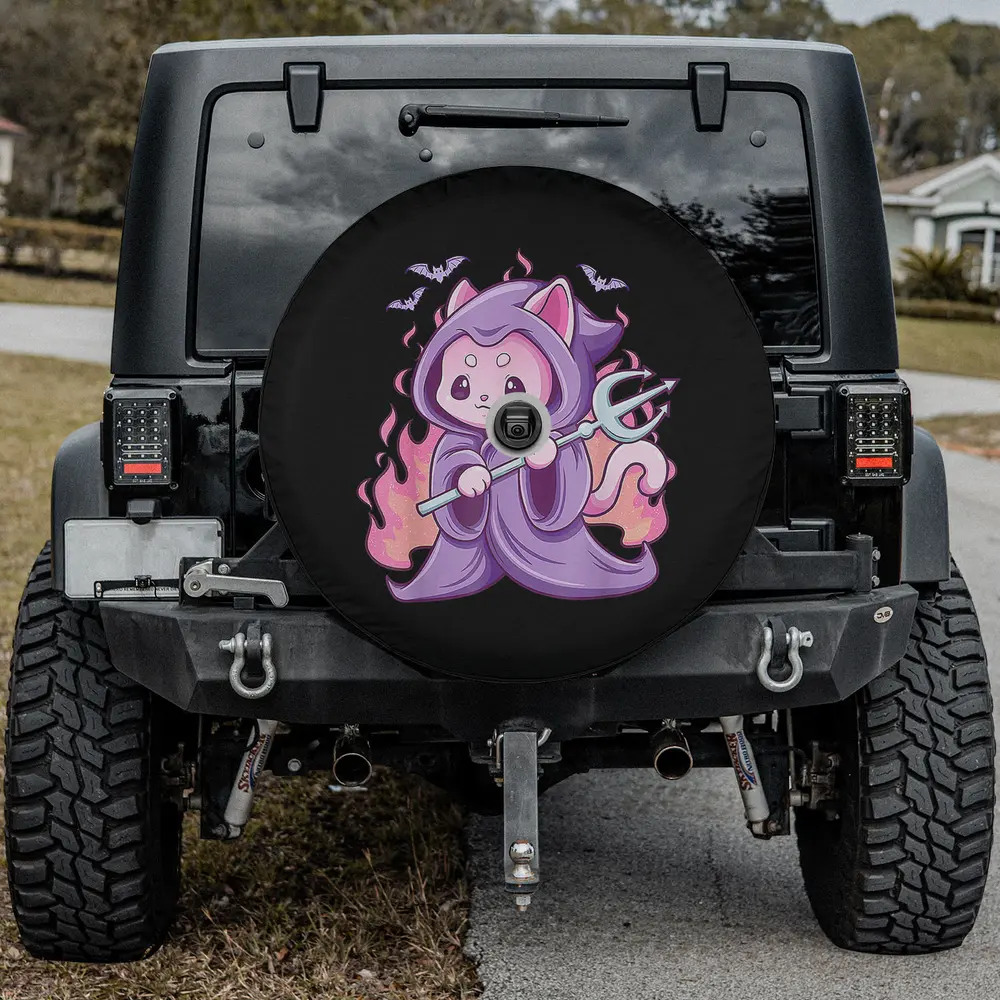 Kawaii reaper cat purple flames Halloween spare tire cover with backup camera hole option