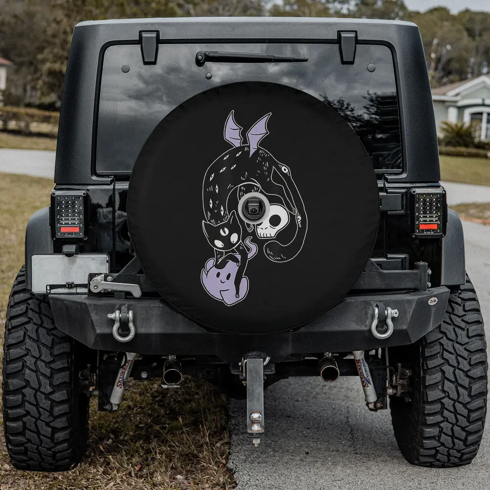 kawaii spynx cat skull ghost spare tire cover with camera hole for Jeep Bronco