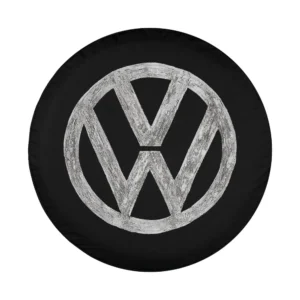 Chalk drawn VW logo in kids style on black spare tire cover for Jeep Wrangler