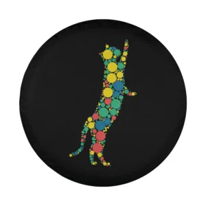 closeup of kids polka dot leaping cat colorful spare tire cover design
