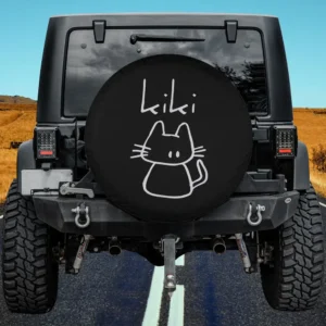 kiki hand-drawn cat custom name spare tire cover with bold white cartoon art, no camera hole