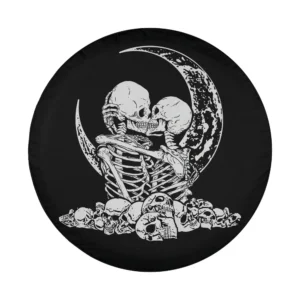Vintage tarot style kissing skeleton lovers crescent moon skulls design for spare tire cover