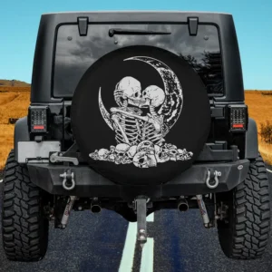 Kissing skeleton lovers with crescent moon and skulls Halloween spare tire cover for Jeep and SUV