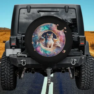 Three kittens in a galaxy donut ring with sprinkles cat spare tire cover no camera hole