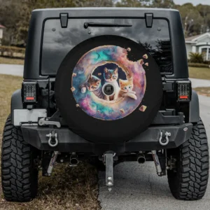 Three kittens in a galaxy donut ring with sprinkles cat spare tire cover with camera hole