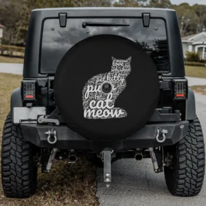 Kitty cat word art typographic silhouette spare tire cover with backup camera hole for Jeep or SUV