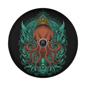 Vintage pirate kraken octopus king with crown and teal filigree artwork for spare tire cover