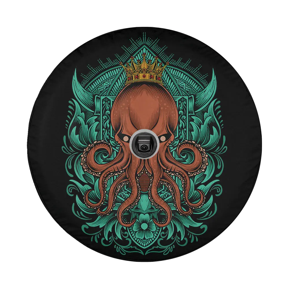 Vintage pirate kraken octopus king with crown and teal filigree artwork for spare tire cover