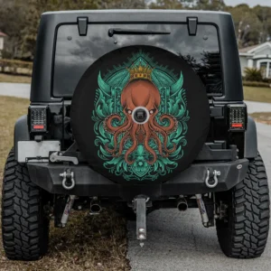 Kraken crown vintage pirate octopus king spare tire cover for Jeep with backup camera hole, teal and gold design