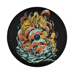 Kraken giant squid versus tiger battle fantasy octopus spare tire cover art