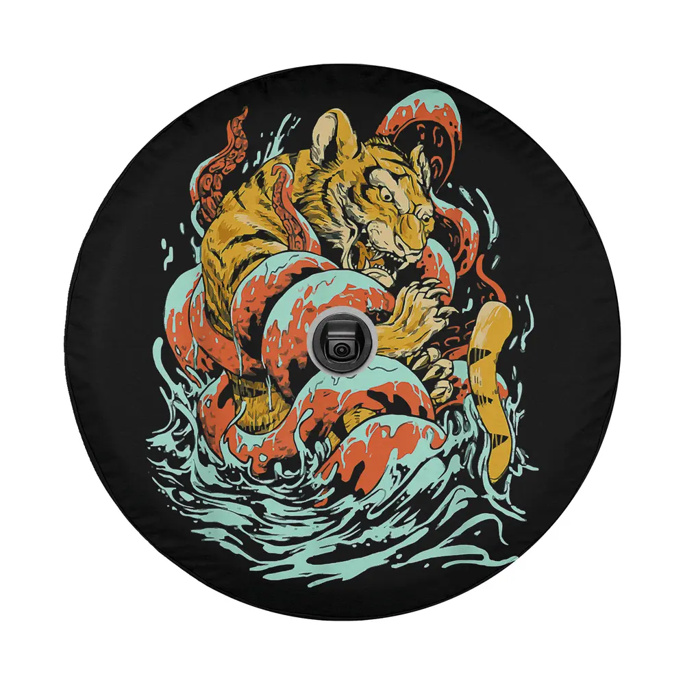 Kraken giant squid versus tiger battle fantasy octopus spare tire cover art