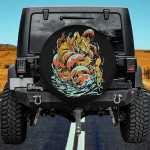 Kraken giant squid and tiger battle octopus spare tire cover with no camera hole for Jeep and SUV