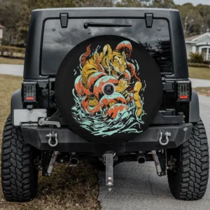 Kraken giant squid and tiger battle octopus spare tire cover with camera hole for Jeep Wrangler