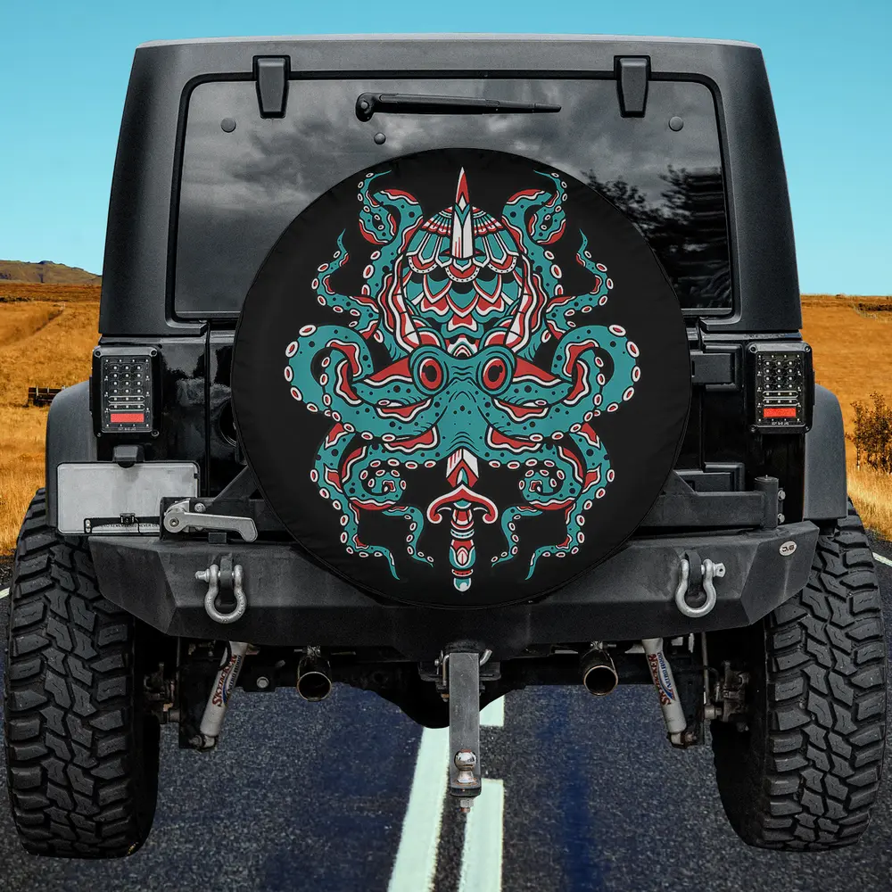 Kraken sword American traditional octopus tattoo spare tire cover with no camera hole for Jeep and SUV