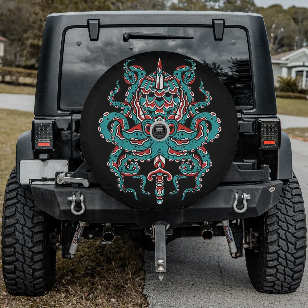 Kraken sword American traditional octopus tattoo spare tire cover with backup camera hole for Jeep Wrangler
