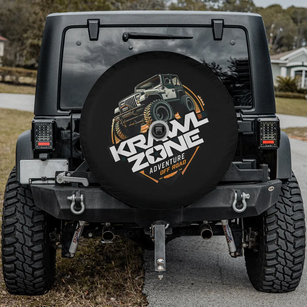 KrawlZone badge Jeep YJ spare tire cover with backup camera hole