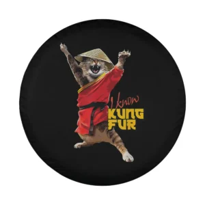 Cartoon kung fu cat in straw hat red robe funny tire cover design