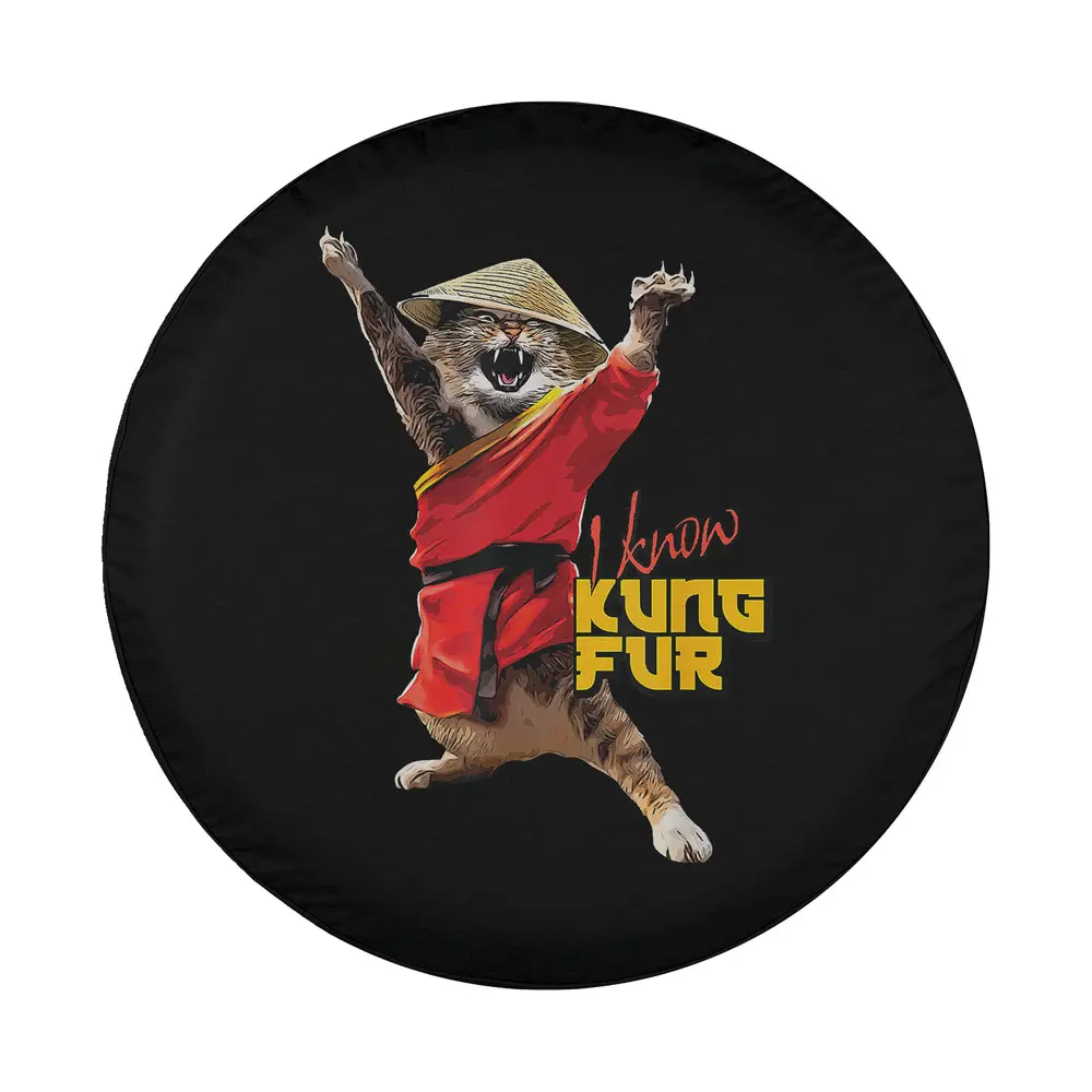 Cartoon kung fu cat in straw hat red robe funny tire cover design