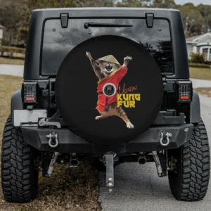 Funny kung fu cat straw hat spare tire cover with camera hole for SUV RV