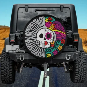 Aztec sun marigold la calavera catrina skull spare tire cover no camera hole
