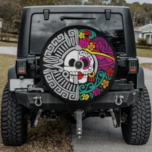 Aztec sun marigold la calavera catrina skull spare tire cover with camera hole