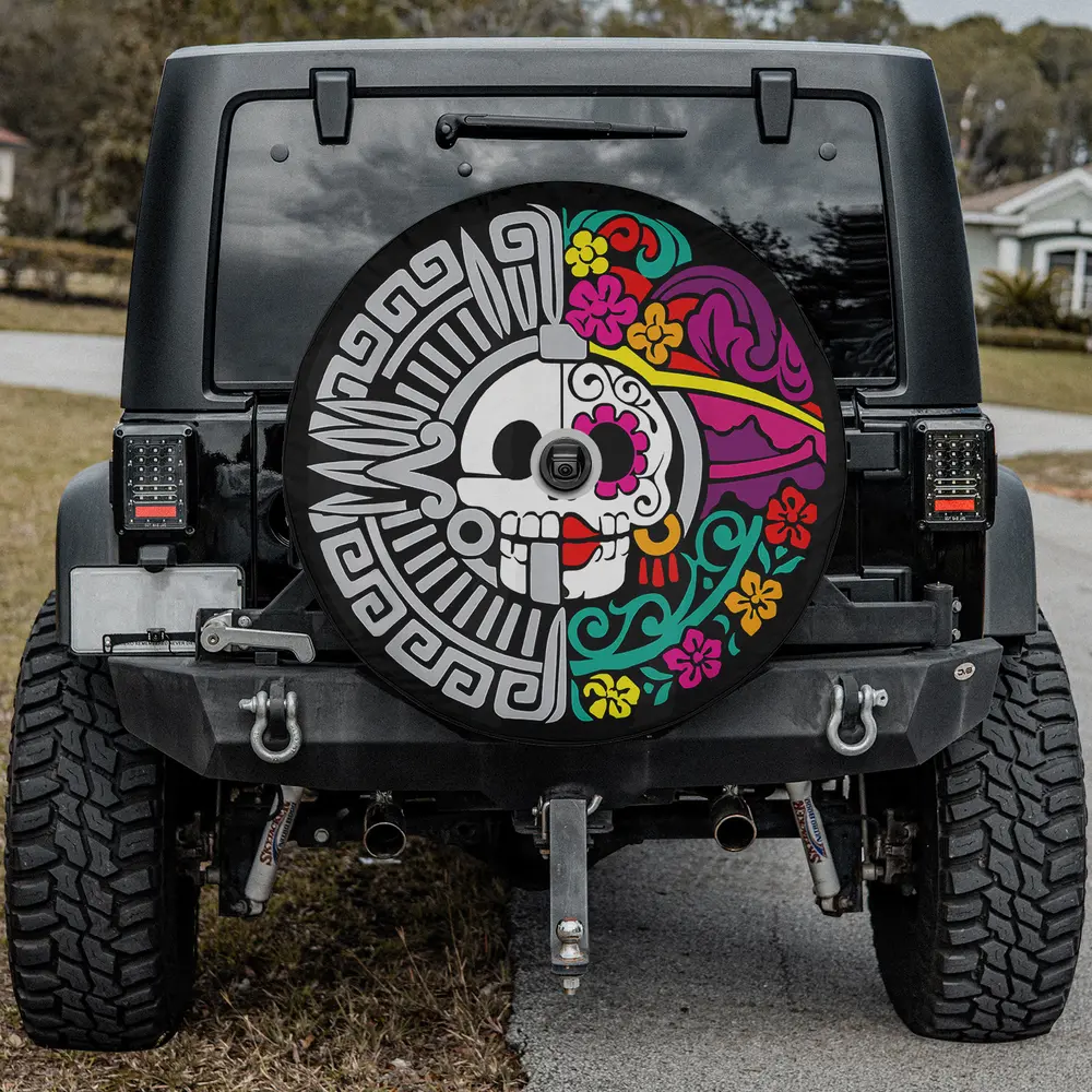 Aztec sun marigold la calavera catrina skull spare tire cover with camera hole