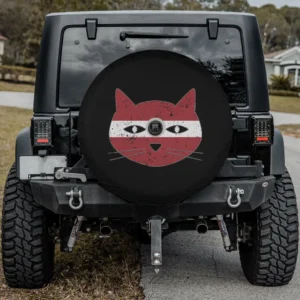 Latvian flag stripe distressed cat head spare tire cover with camera hole