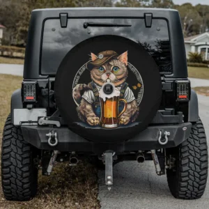 Oktoberfest party cat in lederhosen with beer mug spare tire cover with camera hole