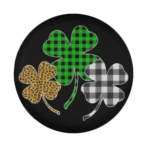 Three shamrocks in leopard, green plaid, and black plaid patterns for St. Patrick's Day