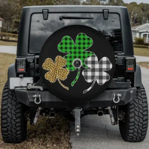 St. Patrick's Day spare tire cover with leopard and plaid shamrocks, camera hole option