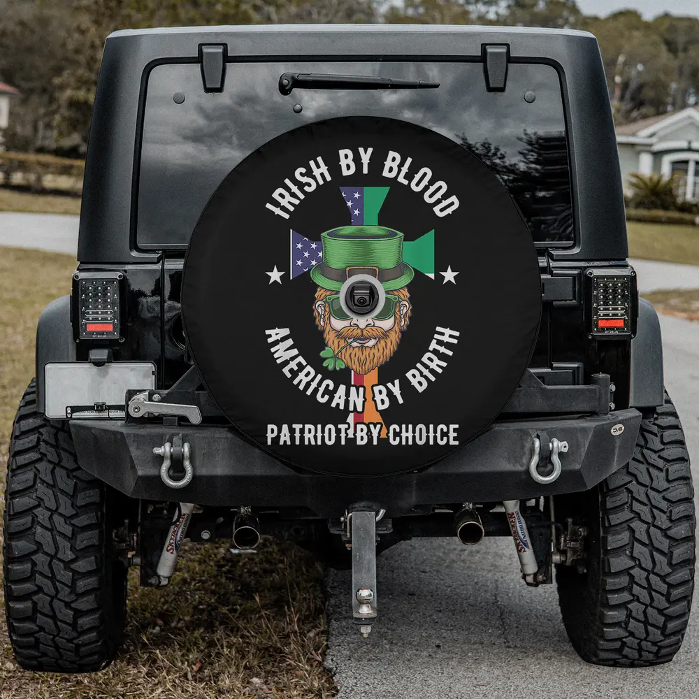 Leprechaun green hat American flag cross spare tire cover with backup camera hole for Jeep