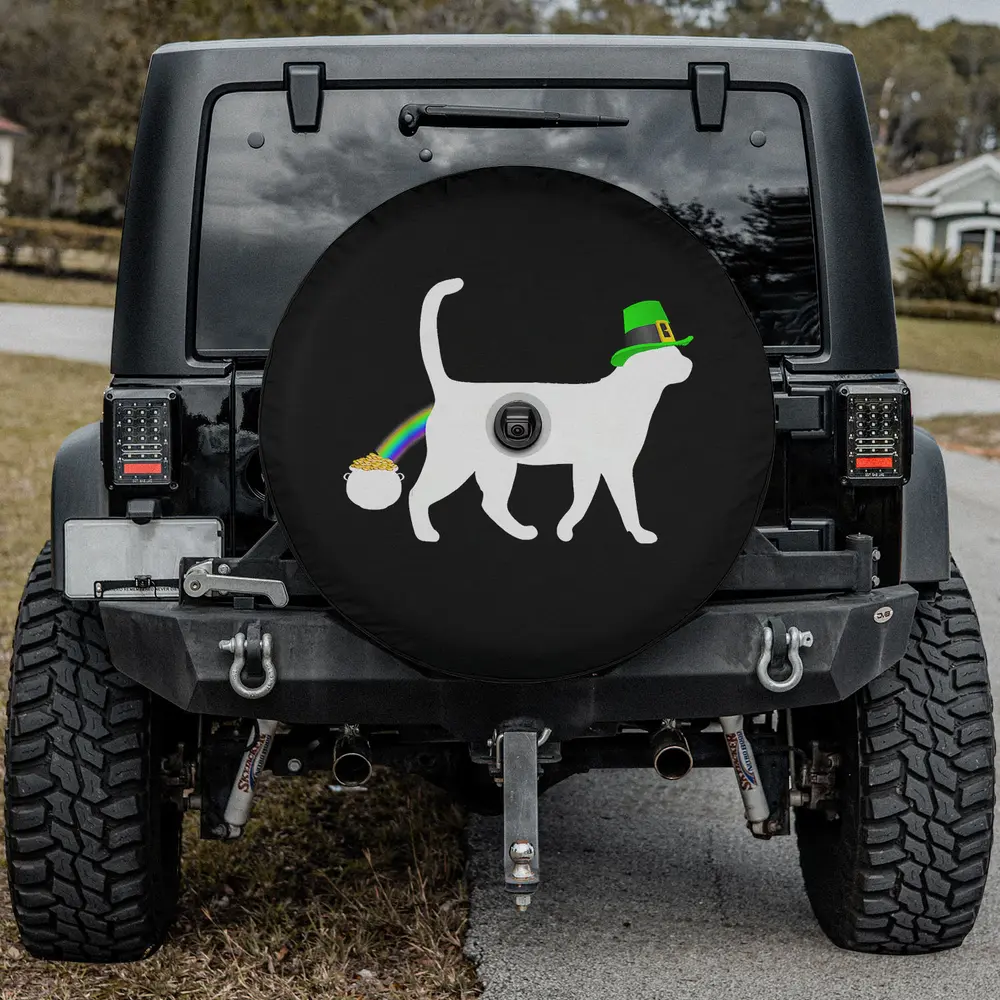 Saint Patrick's Day spare tire cover with leprechaun hat rainbow cat and pot of gold, with camera hole