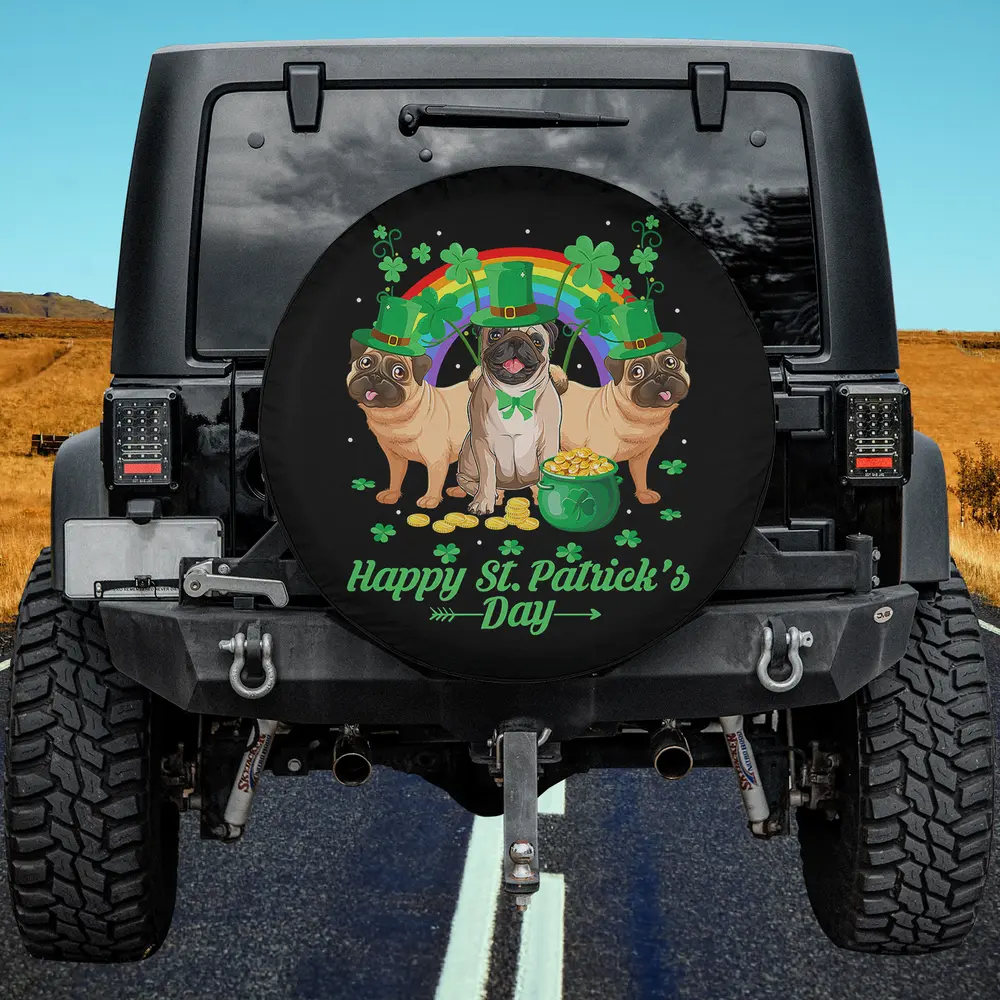 Leprechaun Hat Rainbow Irish Pugs St Patricks Day Spare Tire Cover No Camera Hole