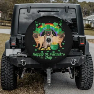 Irish pugs leprechaun hats rainbow pot of gold St. Patrick's Day spare tire cover with camera hole