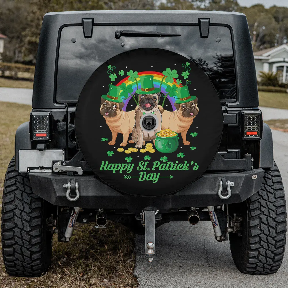 Irish pugs leprechaun hats rainbow pot of gold St. Patrick's Day spare tire cover with camera hole