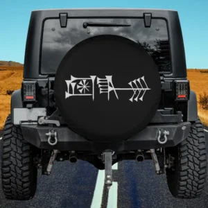 Liberty Fund logo Sumerian arrow spare tire cover on Jeep with no camera hole