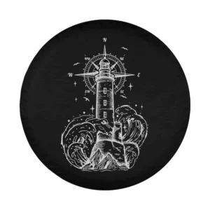 Hand-drawn lighthouse with waves and compass monochrome design