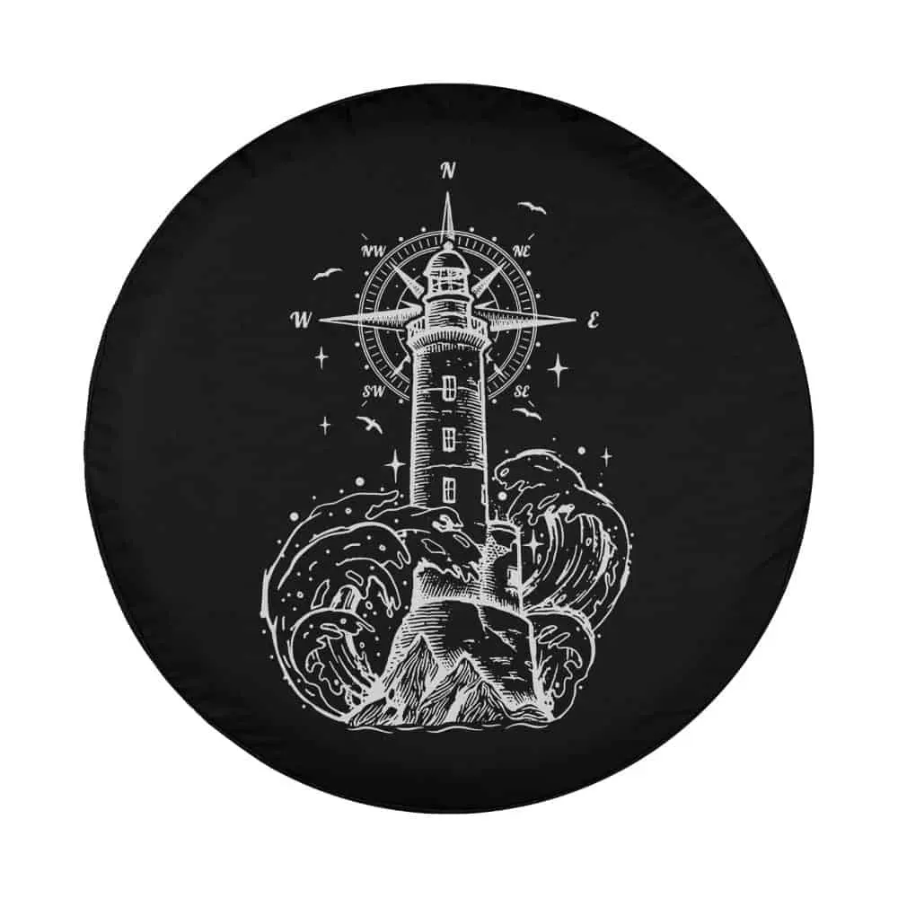 Hand-drawn lighthouse with waves and compass monochrome design
