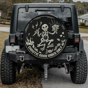 Halloween spare tire cover with skeleton skull, lightning sword, chaotic good vibes, with camera hole