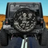 Halloween spare tire cover with skeleton skull, lightning sword, chaotic good vibes, no camera hole
