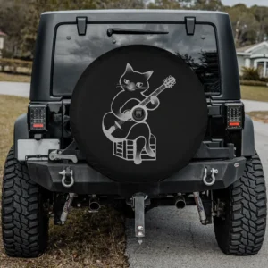 Line art cat playing guitar on crate spare tire cover with camera hole option